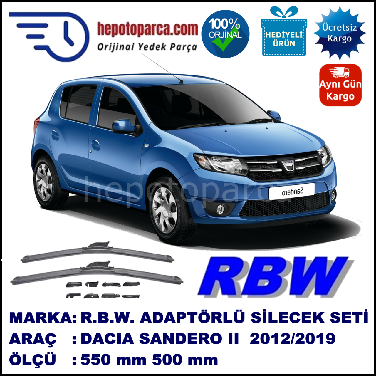 DACIA Sandero II [L8] 08.2012-..., 550 / 500 mm.  RBW  ADAPTÖRLÜ MUZ SİLECEK SETİ