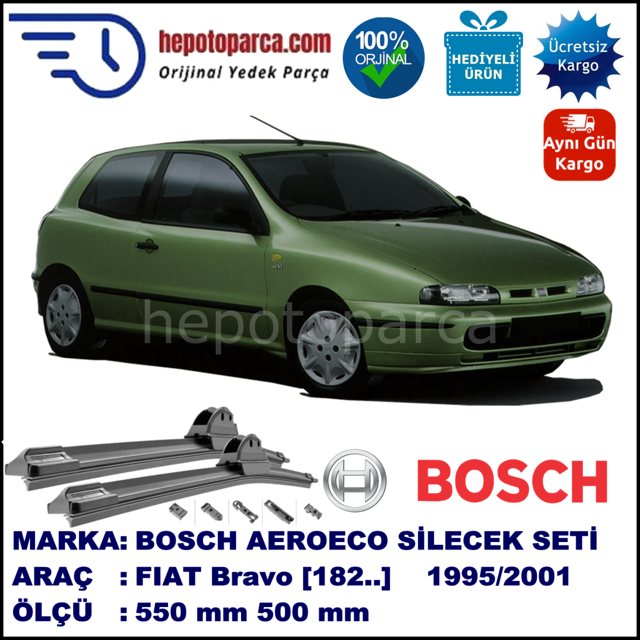 FIAT Bravo [182..] 10.1995-09.2001, 550 / 500 mm. BOSCH AEROECO Aparatlı Muz Silecek