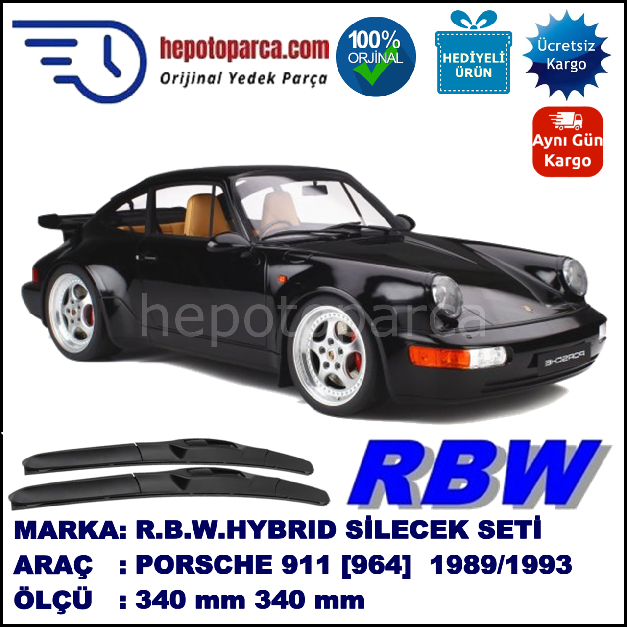 PORSCHE 911 [964] 09.89-08.93 340 / 340 mm. RBW Hybrid Silecek Seti. U Kanca Uyumlu Hibrit