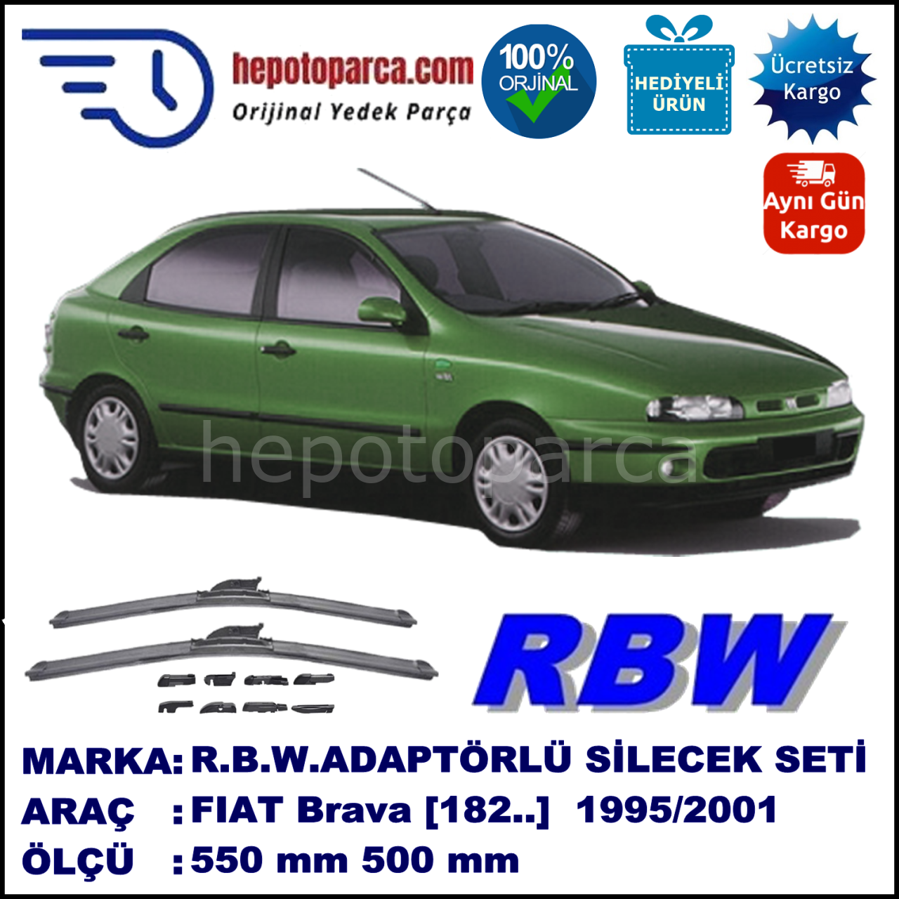 FIAT Brava [182..] 10.1995-09.2001, 550 / 500 mm.  RBW  ADAPTÖRLÜ MUZ SİLECEK SETİ