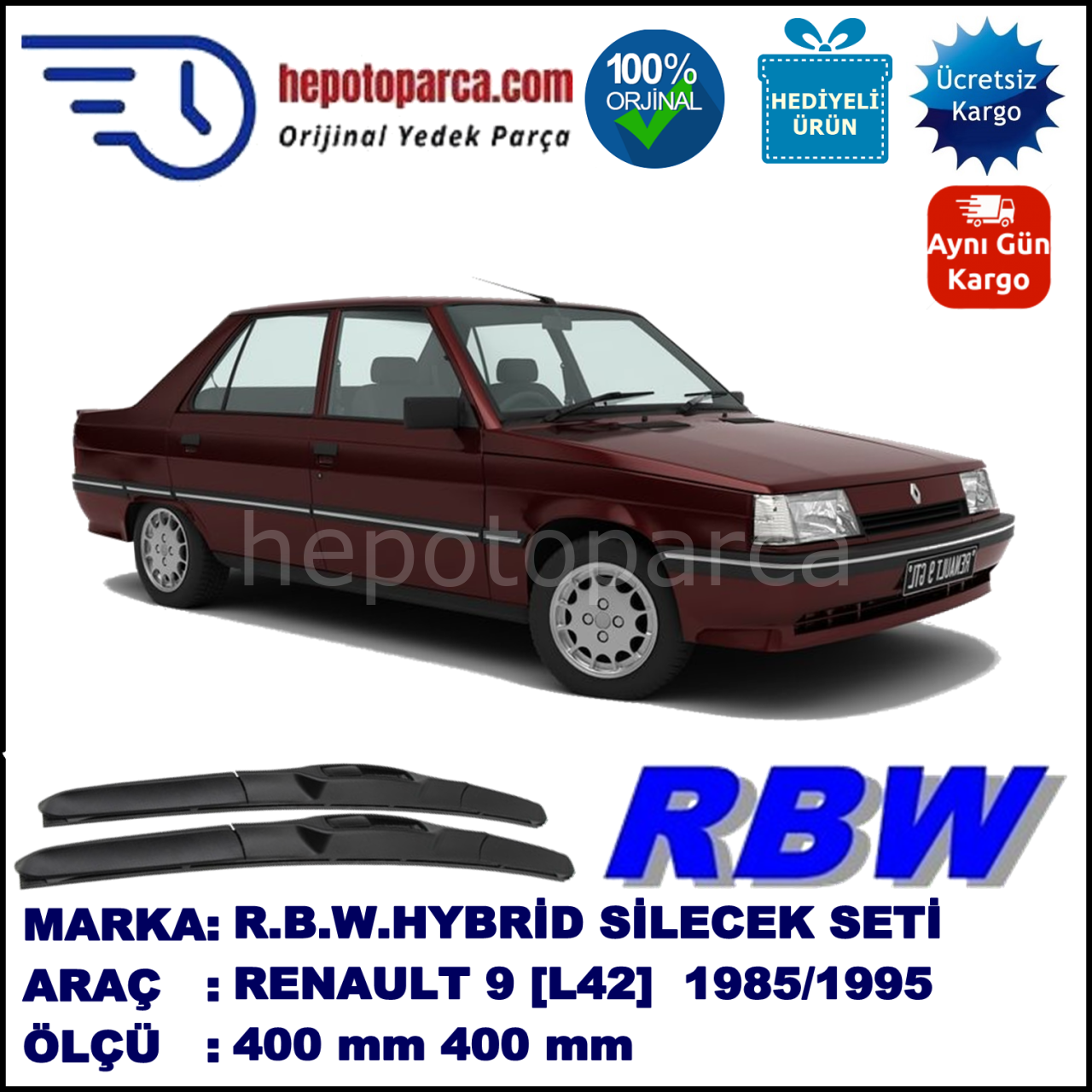 RENAULT 9 [L42] 01.85-12.95 400 / 400 mm. RBW Hybrid Silecek Seti. U Kanca Uyumlu Hibrit
