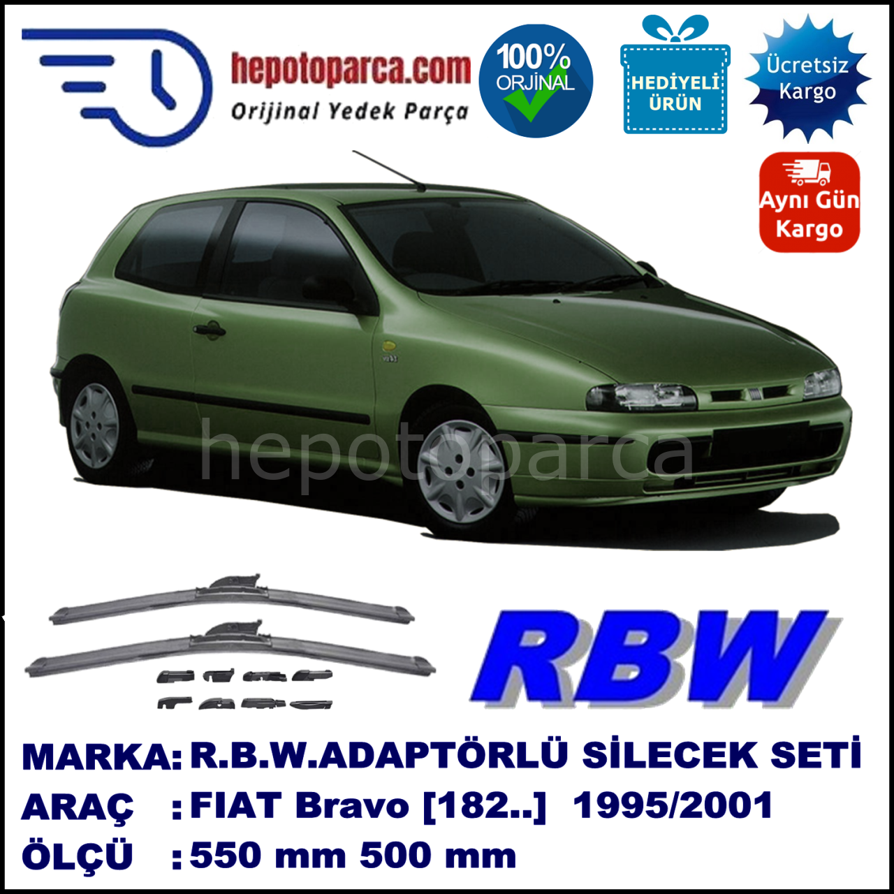FIAT Bravo [182..] 10.1995-09.2001, 550 / 500 mm.  RBW  ADAPTÖRLÜ MUZ SİLECEK SETİ
