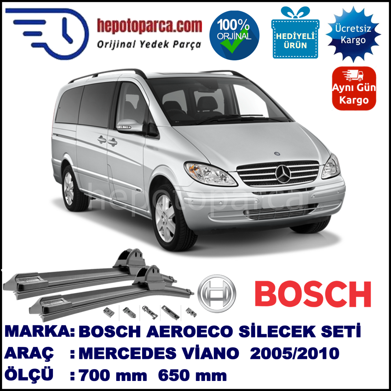 MERCEDES-BENZ Viano [639 T0N] 09.2005-08.2010, 700 / 650 mm. BOSCH AEROECO Aparatlı Muz Silecek