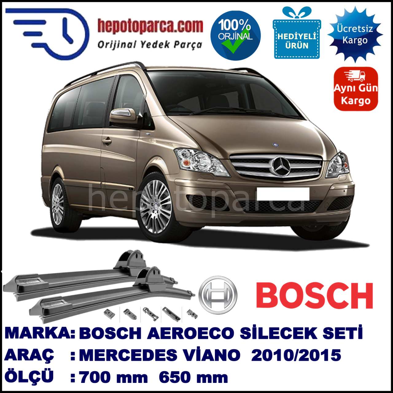 MERCEDES-BENZ Viano [639 T0N] 09.2010-..., 700 / 650 mm. BOSCH AEROECO Aparatlı Muz Silecek