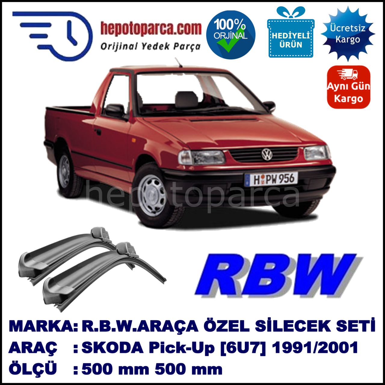 SKODA Pick-Up [6U7] 09.91-03.01 500 / 500 mm. RBW Muz Silecek Seti  2'li Takım. U Kanca Uyumludur.