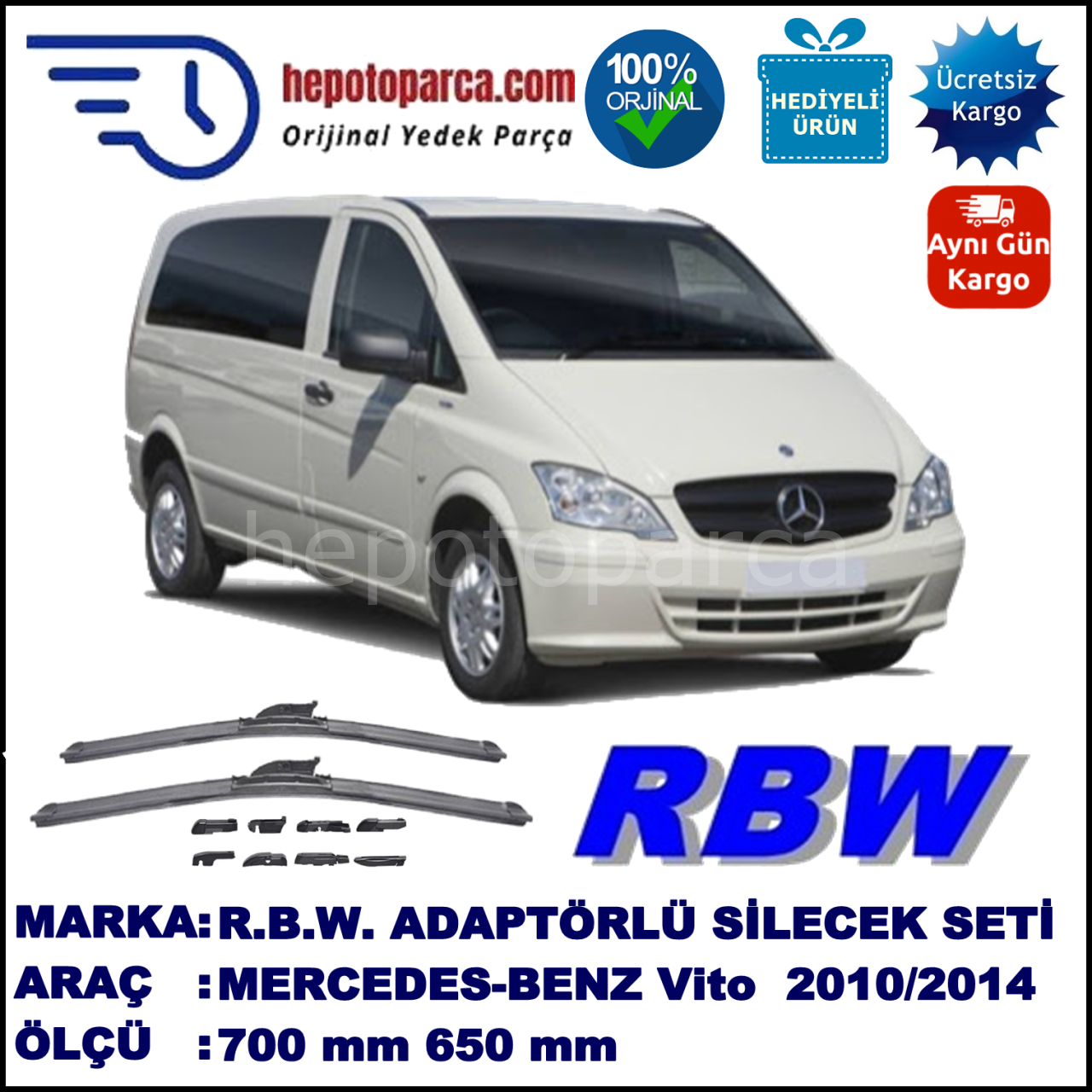 MERCEDES-BENZ Vito [639 T0N] 09.2010-..., 700 / 650 mm.  RBW  ADAPTÖRLÜ MUZ SİLECEK SETİ