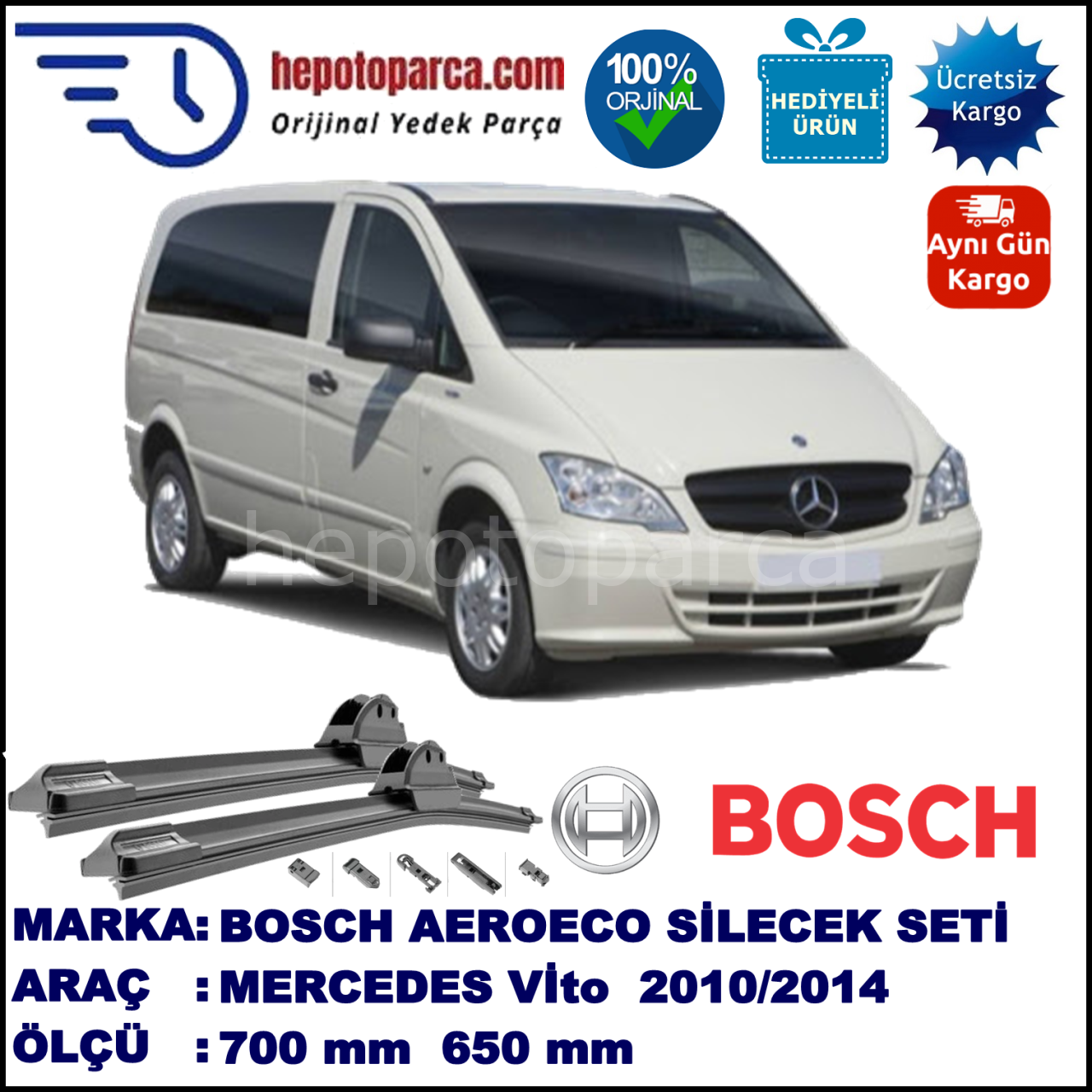 MERCEDES-BENZ Vito [639 T0N] 09.2010-..., 700 / 650 mm. BOSCH AEROECO Aparatlı Muz Silecek