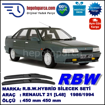 RENAULT 21 [L48] 03.86-12.94 450 / 450 mm. RBW Hybrid Silecek Seti. U Kanca Uyumlu Hibrit