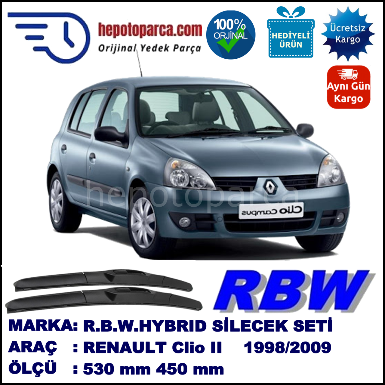 RENAULT Clio II [BB./CB./SB.] 03.98-05.09 530 / 450 mm. RBW Hybrid Silecek Seti. U Kanca Uyumlu Hibrit