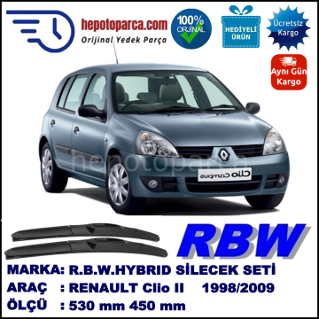 RENAULT Clio II [BB./CB./SB.] 03.98-05.09 530 / 450 mm. RBW Hybrid Silecek Seti. U Kanca Uyumlu Hibrit