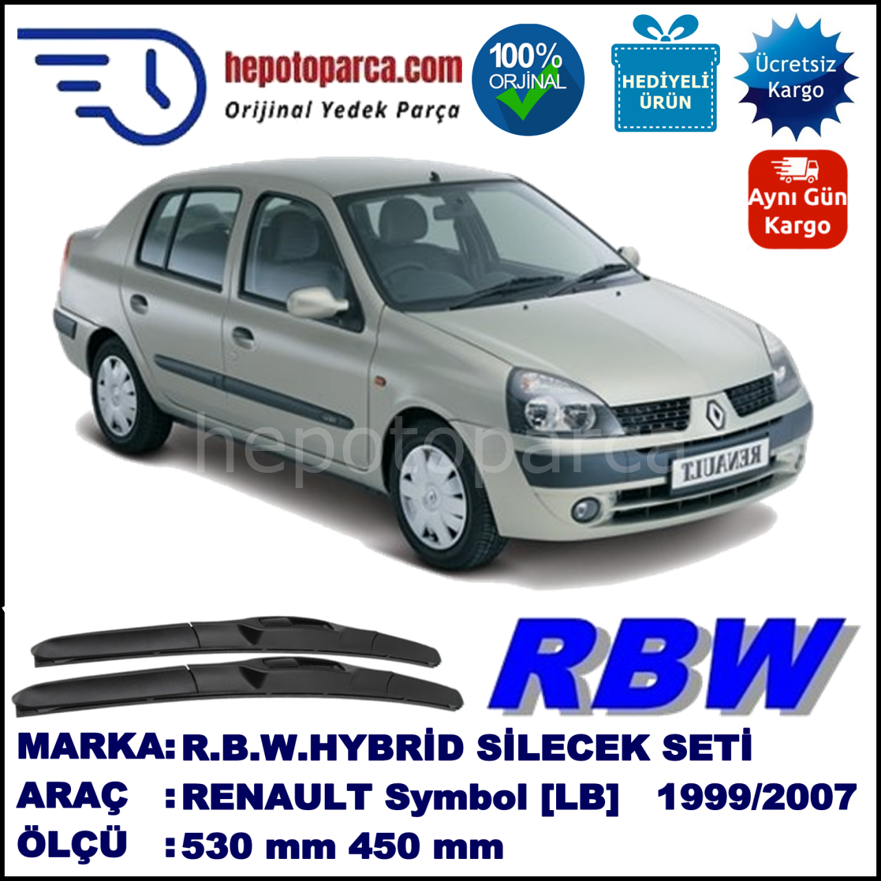 RENAULT Symbol [LB] 10.99-10.07 530 / 450 mm. RBW Hybrid Silecek Seti. U Kanca Uyumlu Hibrit