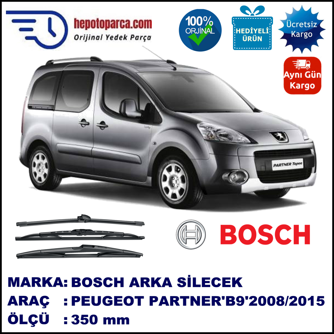 PEUGEOT Partner [B9] 350 mm 05.2008-... BOSCH Arka Silecek