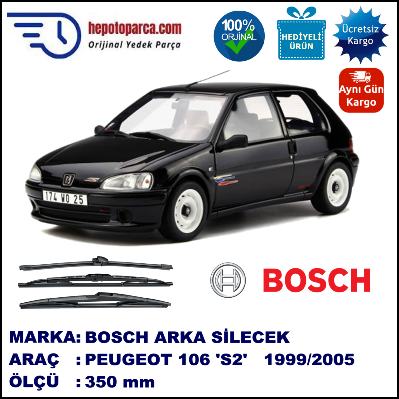 PEUGEOT 106 [S2] 350 mm 10.1999-05.2005 BOSCH Arka Silecek