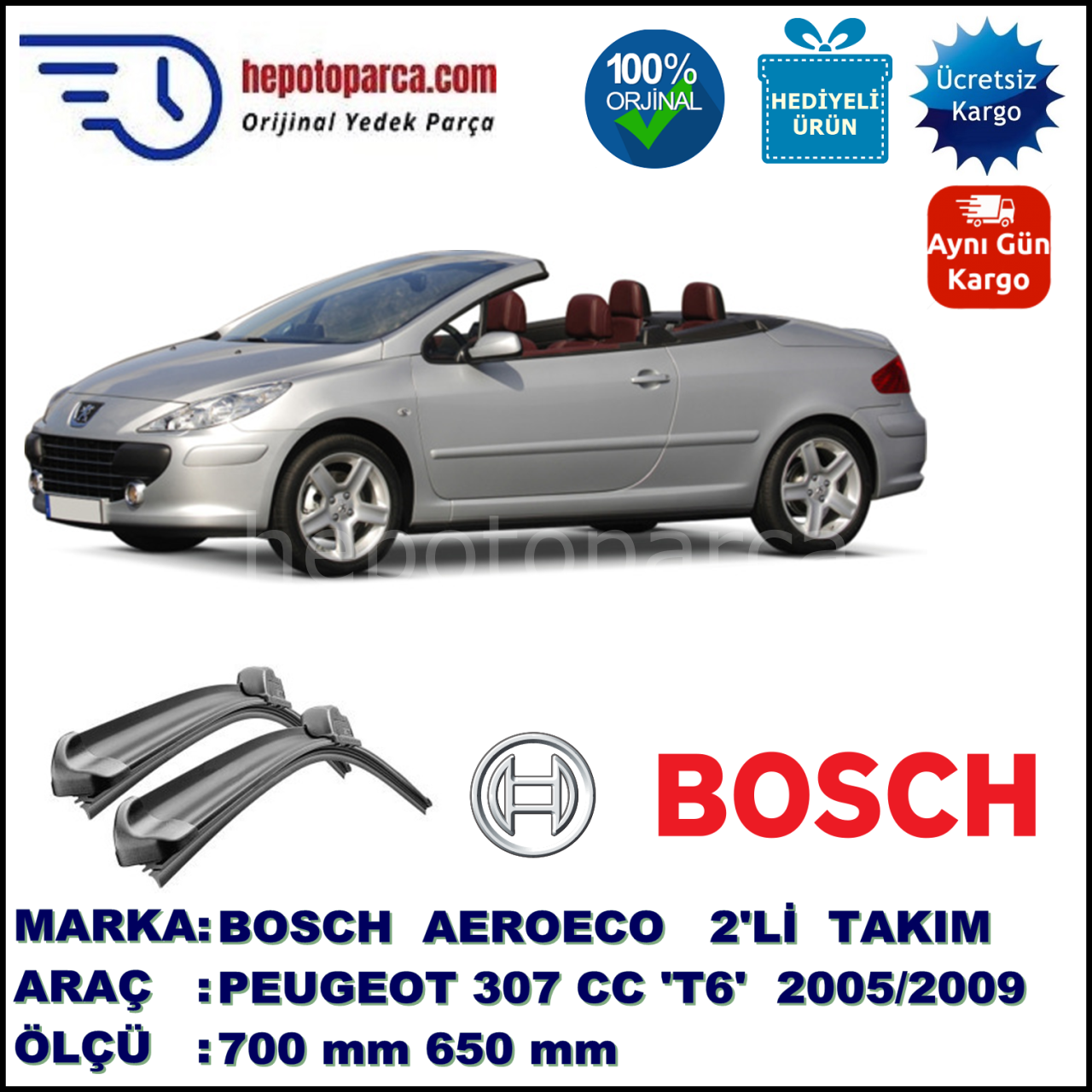 PEUGEOT 307 CC [T6] 06.2005-03.2009, 700 / 650 mm. BOSCH AEROECO Aparatlı Muz Silecek
