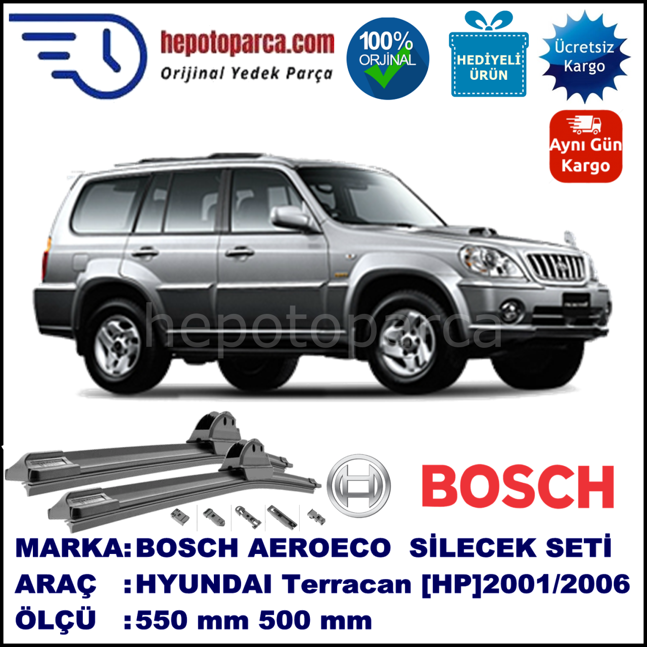 HYUNDAI Terracan  [HP] 01.2001-..., 550 / 500 mm. BOSCH AEROECO Aparatlı Muz Silecek