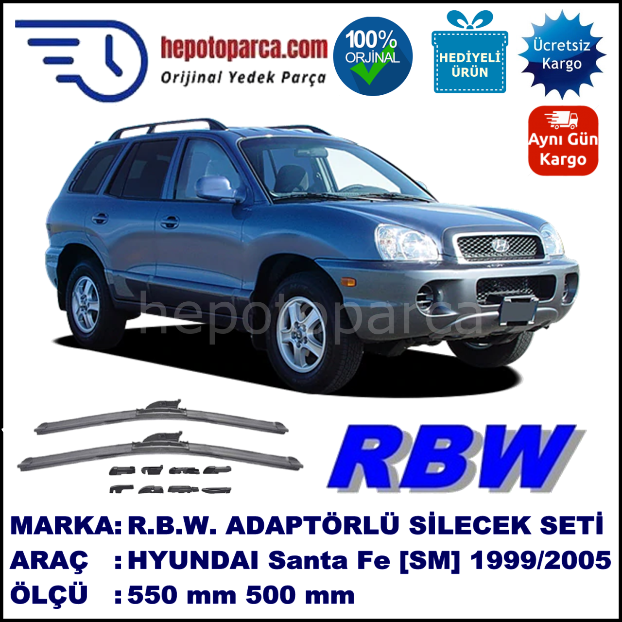 HYUNDAI Santa Fe [SM] 09.1999-12.2005, 550 / 500 mm.  RBW  ADAPTÖRLÜ MUZ SİLECEK SETİ