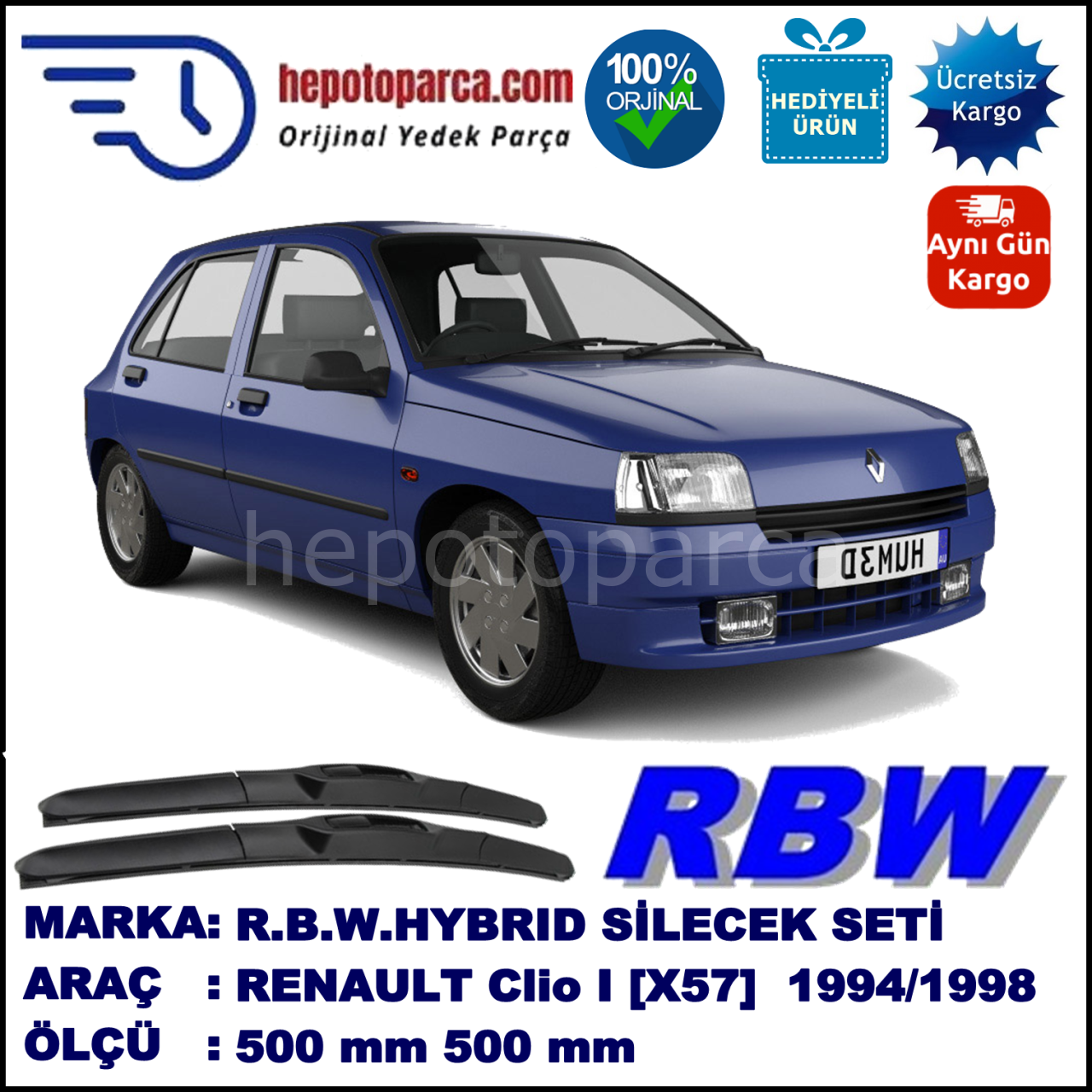 RENAULT Clio I [X57] 03.94-02.98 500 / 500 mm. RBW Hybrid Silecek Seti. U Kanca Uyumlu Hibrit