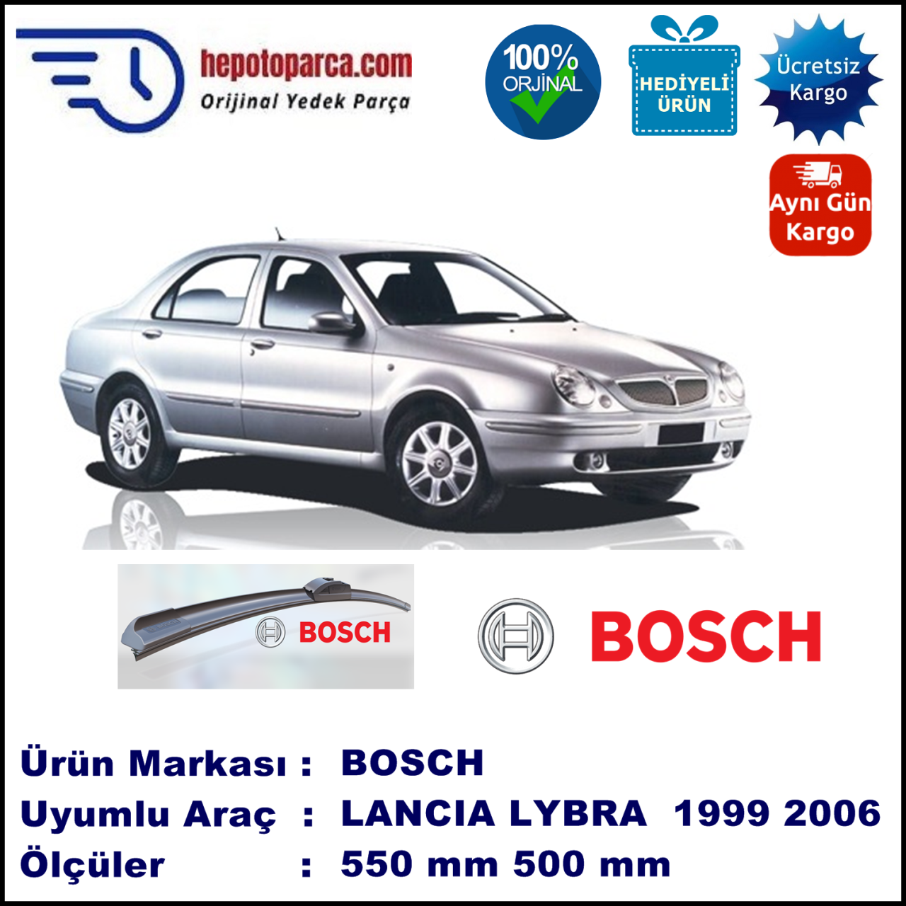 LANCIA Lybra Berlina [839] 10.1999-11.2006, 550 / 500 mm. BOSCH AEROECO Aparatlı Muz Silecek