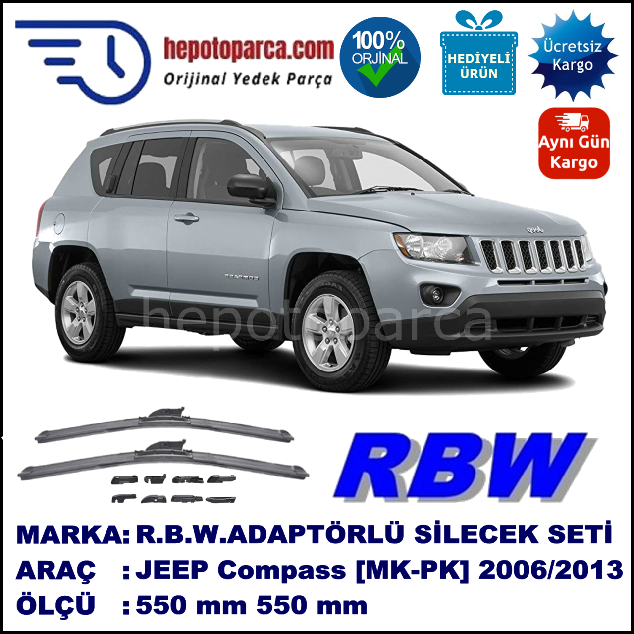 JEEP Compass [MK, PK] 10.2006-..., 550 / 500 mm.  RBW  ADAPTÖRLÜ MUZ SİLECEK SETİ