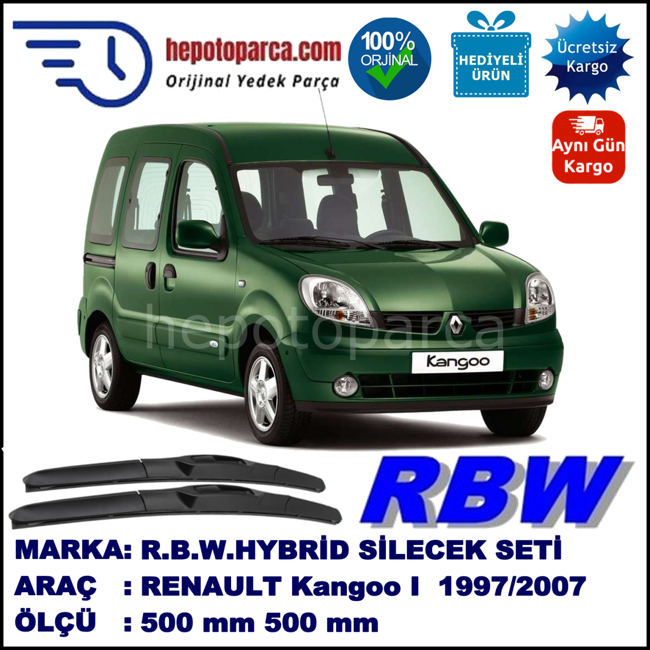 RENAULT Kangoo I [FC./KC.] 10.97-12.07 500 / 500 mm. RBW Hybrid Silecek Seti. U Kanca Uyumlu Hibrit