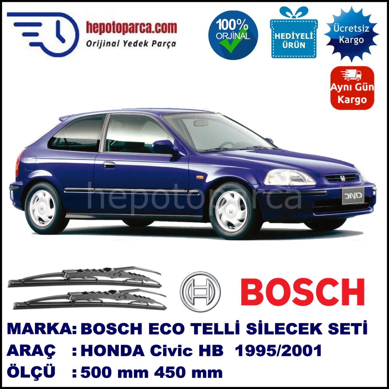 HONDA Civic Hatchback [EJ/EK] 10.95-02.01 500 / 450 mm. BOSCH ECO Telli Silecek 2'li Takım
