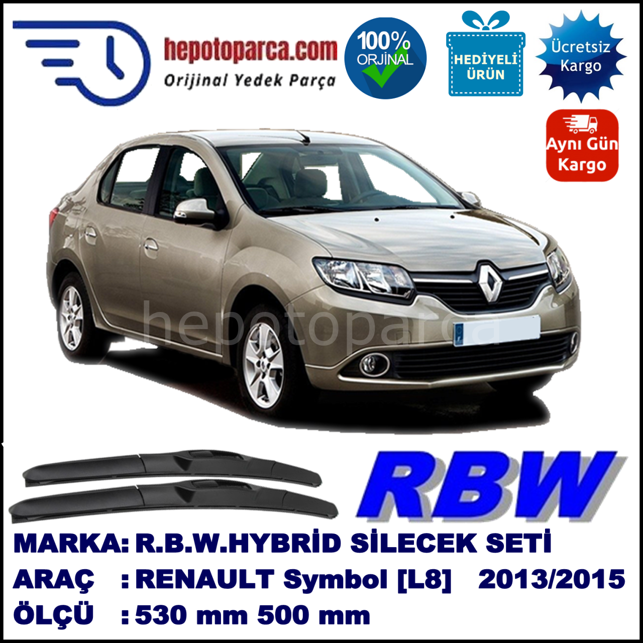 RENAULT Symbol [L8] 03.13-... 530 / 500 mm. RBW Hybrid Silecek Seti. U Kanca Uyumlu Hibrit