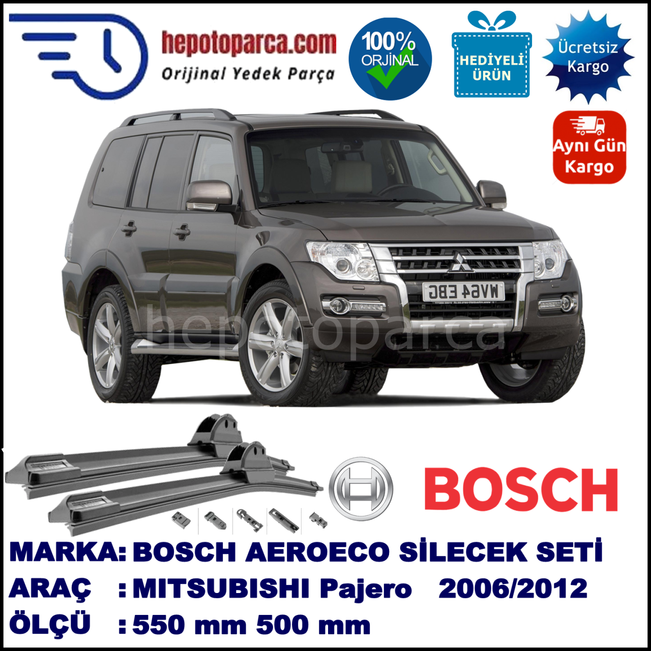 MITSUBISHI Pajero [V80, V90] 09.2006-..., 550 / 500 mm. BOSCH AEROECO Aparatlı Muz Silecek