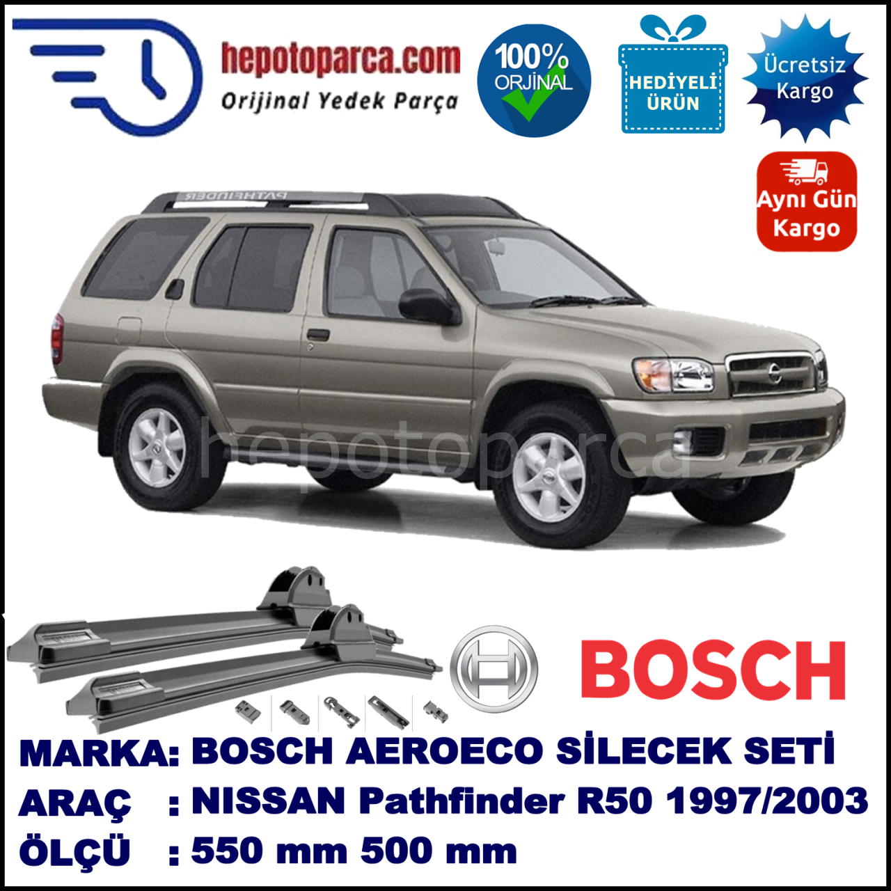 NISSAN Pathfinder [R50] 10.1997-08.2003, 550 / 500 mm. BOSCH AEROECO Aparatlı Muz Silecek