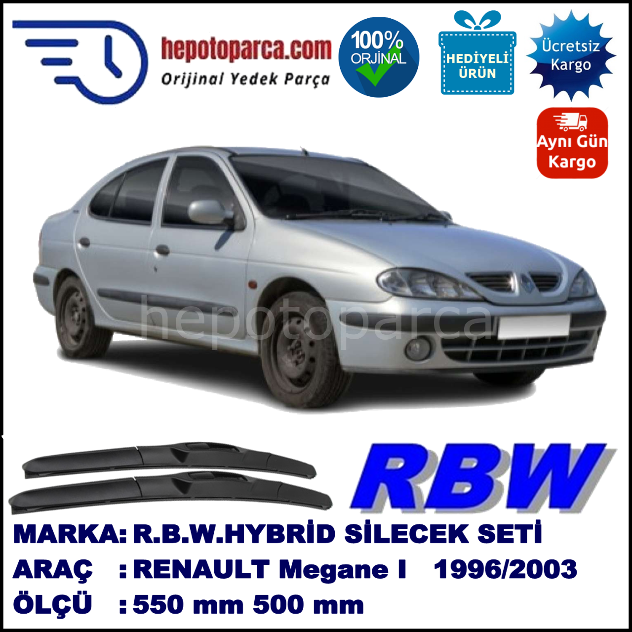 RENAULT Megane I Classic [X64] 09.96-09.03 550 / 500 mm. RBW Hybrid Silecek Seti. U Kanca Uyumlu Hibrit