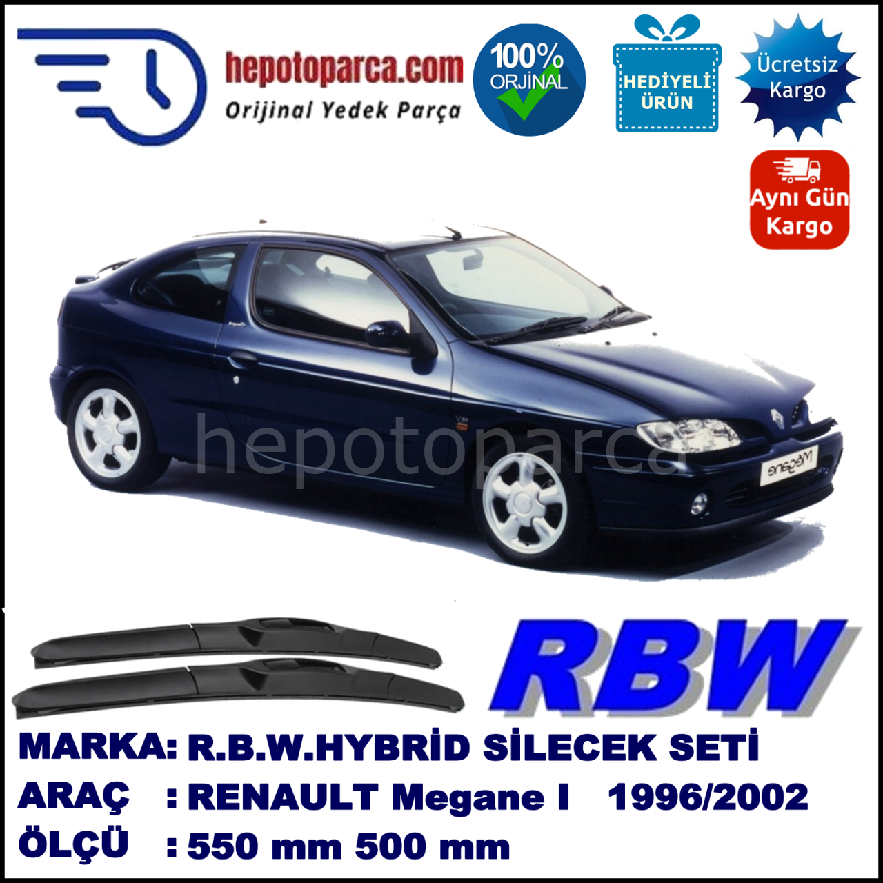 RENAULT Megane I Coupé [X64] 01.96-10.02 550 / 500 mm. RBW Hybrid Silecek Seti. U Kanca Uyumlu Hibrit