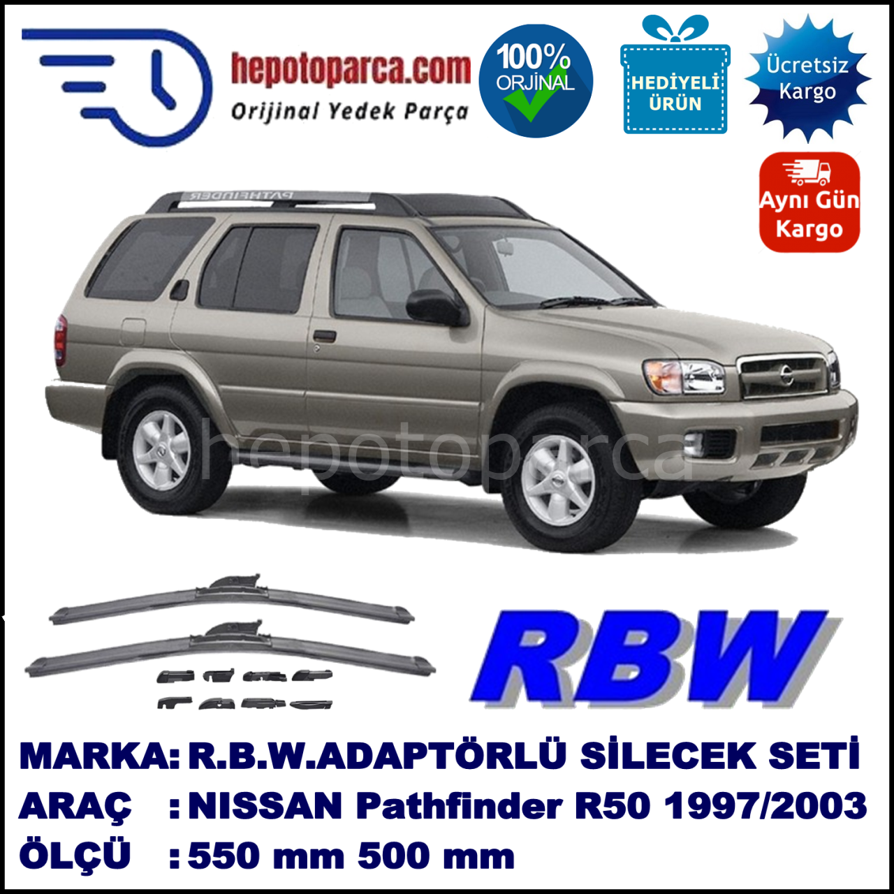 NISSAN Pathfinder [R50] 10.1997-08.2003, 550 / 500 mm.  RBW  ADAPTÖRLÜ MUZ SİLECEK SETİ