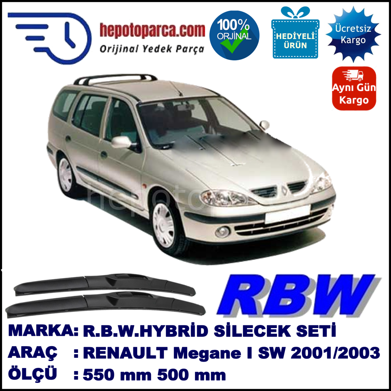 RENAULT Megane I Grandtour [X64] 11.01-09.03 550 / 500 mm. RBW Hybrid Silecek Seti. U Kanca Uyumlu Hibrit