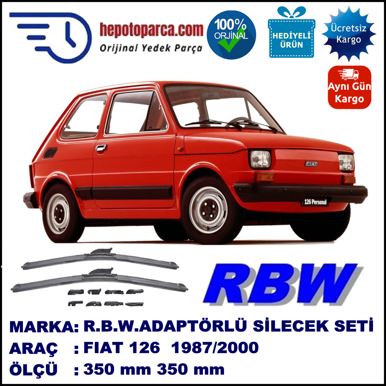 FIAT 126  09.1987-09.2000, 350 / 350 mm.  RBW  ADAPTÖRLÜ MUZ SİLECEK SETİ
