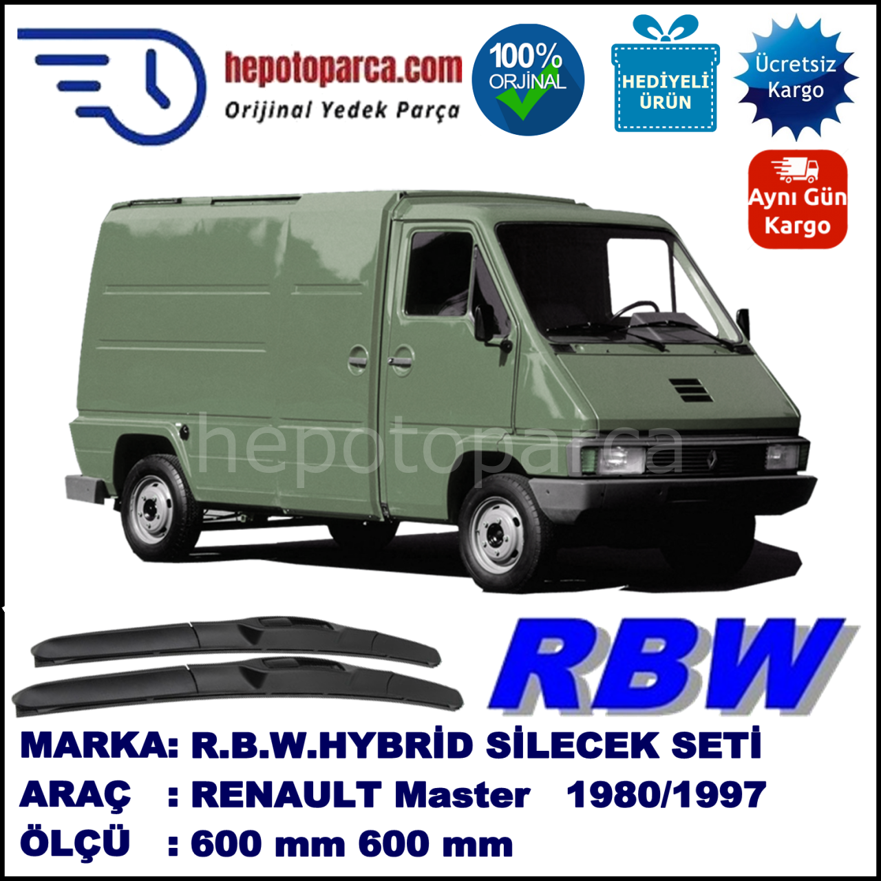 RENAULT Master  09.80-09.97 600 / 600 mm. RBW Hybrid Silecek Seti. U Kanca Uyumlu Hibrit
