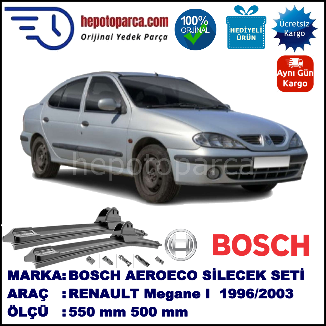 RENAULT Megane I Classic [X64] 09.1996-09.2003, 550 / 500 mm. BOSCH AEROECO Aparatlı Muz Silecek