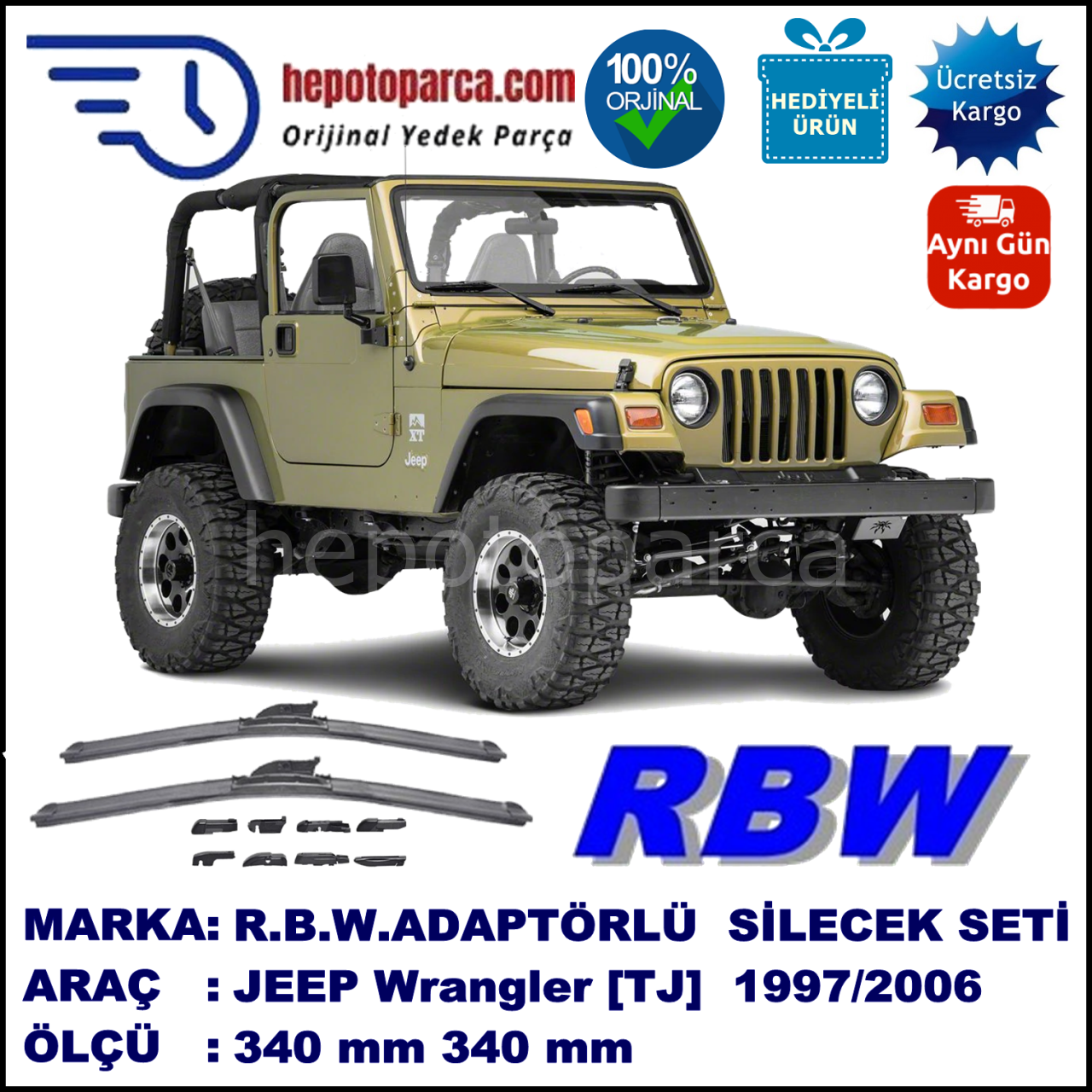 JEEP Wrangler [TJ] 01.1997-12.2006, 380 / 380 mm.  RBW  ADAPTÖRLÜ MUZ SİLECEK SETİ