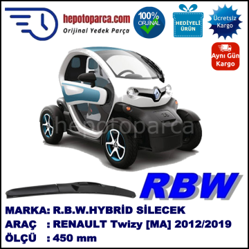 RENAULT Twizy [MA]  03.12-... 450 /  mm. RBW Hybrid Silecek. U Kanca Uyumlu Hibrit