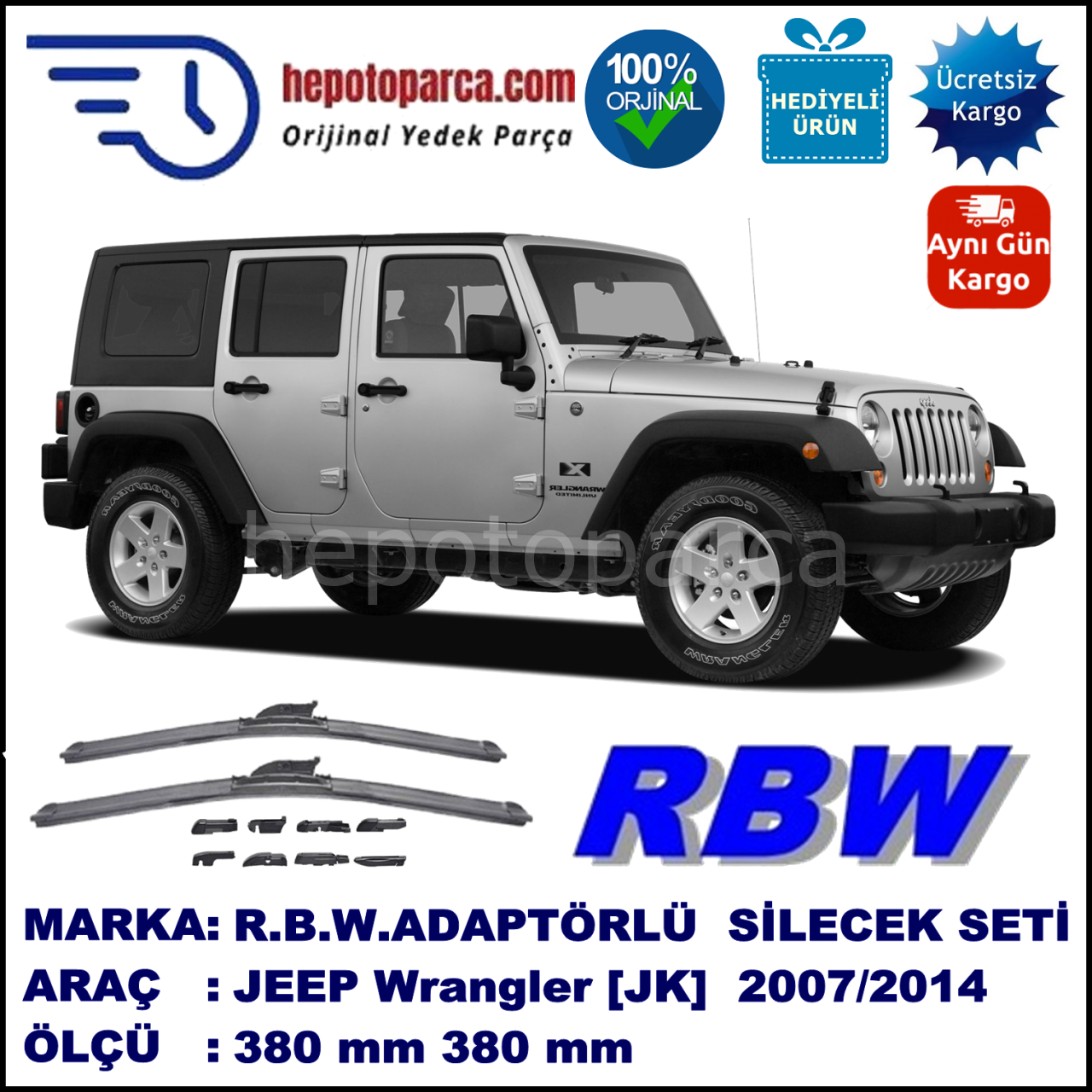 JEEP Wrangler [JK] 01.2007-..., 380 / 380 mm.  RBW  ADAPTÖRLÜ MUZ SİLECEK SETİ