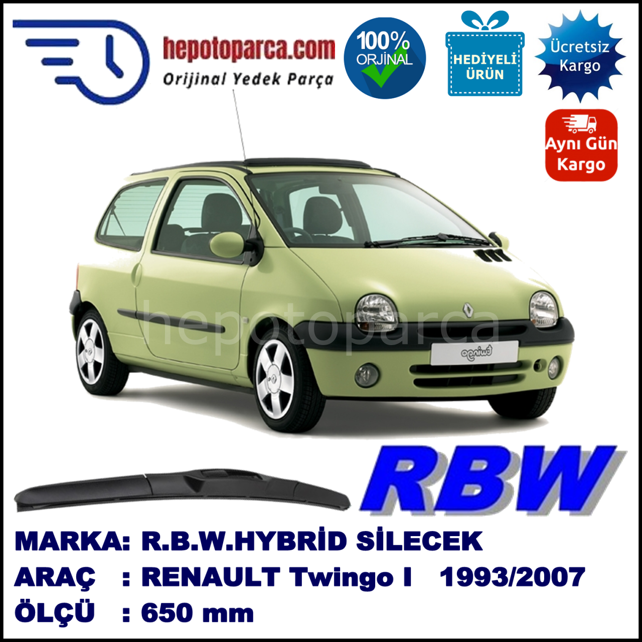 RENAULT Twingo I [C0./S0.] 03.93-05.07 650 /  mm. RBW Hybrid Silecek. U Kanca Uyumlu Hibrit