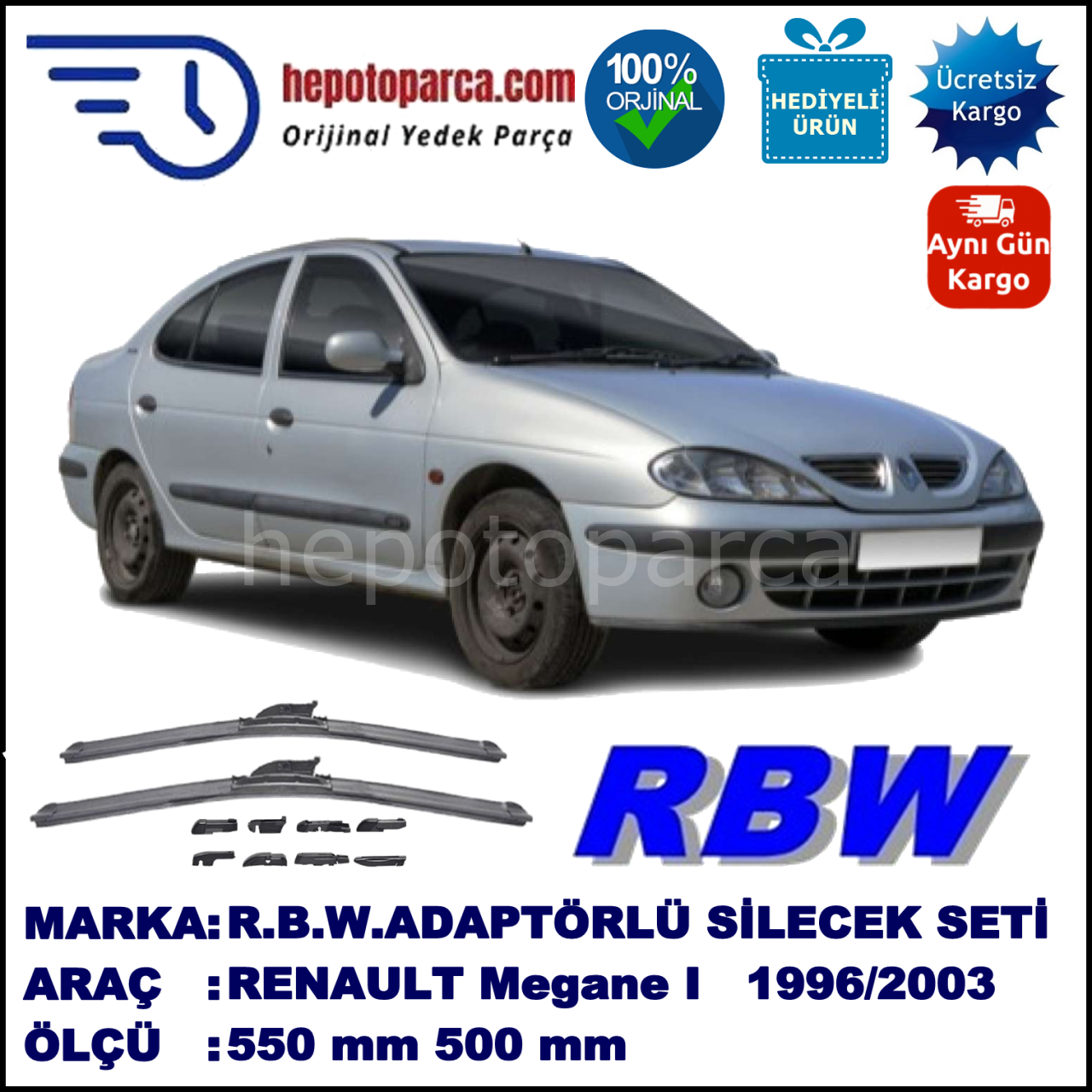 RENAULT Megane I Classic [X64] 09.1996-09.2003, 550 / 500 mm.  RBW  ADAPTÖRLÜ MUZ SİLECEK SETİ