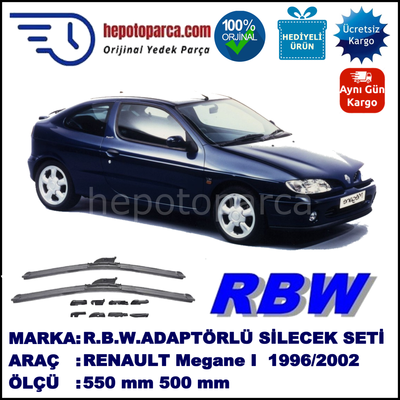 RENAULT Megane I Coupé [X64] 01.1996-10.2002, 550 / 500 mm.  RBW  ADAPTÖRLÜ MUZ SİLECEK SETİ