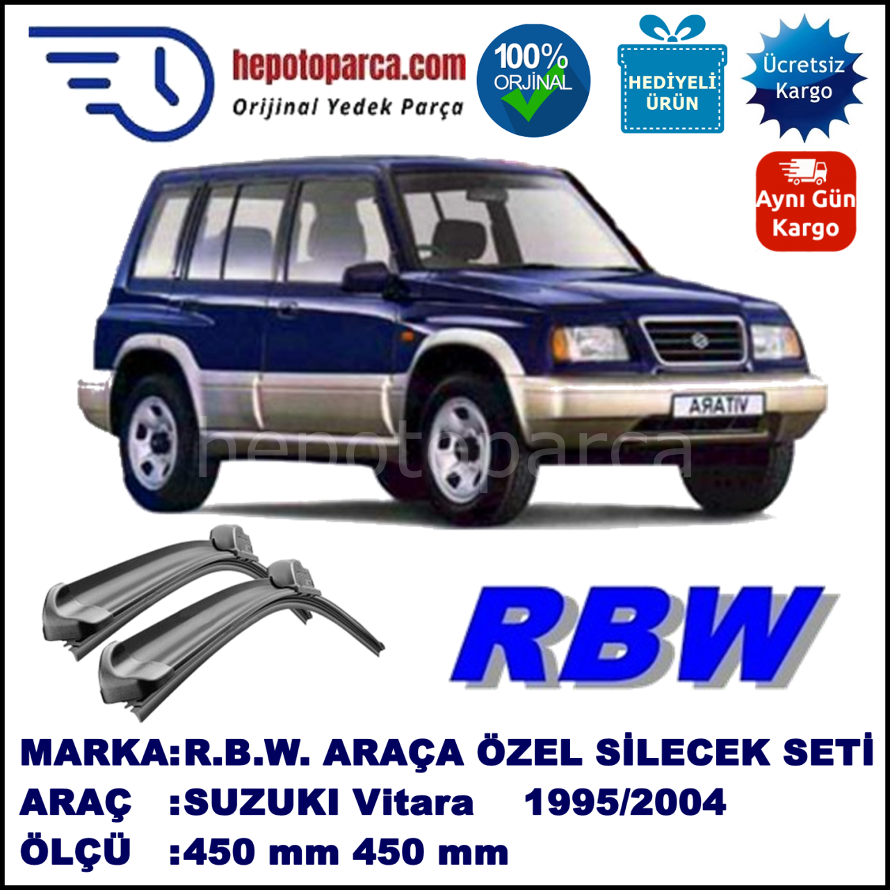 SUZUKI Vitara  09.95-03.04 400 / 400 mm. RBW Muz Silecek Seti  2'li Takım. U Kanca Uyumludur.