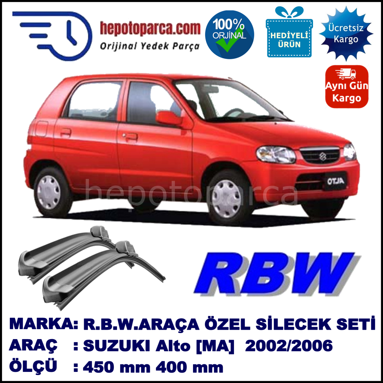 SUZUKI Alto [MA] 02.02-12.06 450 / 400 mm. RBW Muz Silecek Seti  2'li Takım. U Kanca Uyumludur.