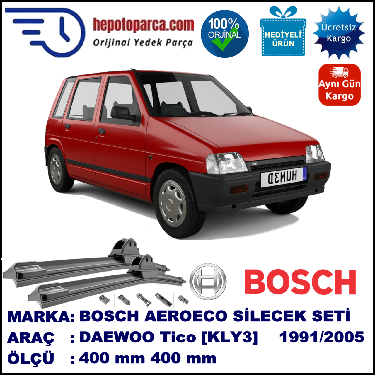 DAEWOO Tico [KLY3] 06.1991-01.2005, 400 / 400 mm. BOSCH AEROECO Aparatlı Muz Silecek