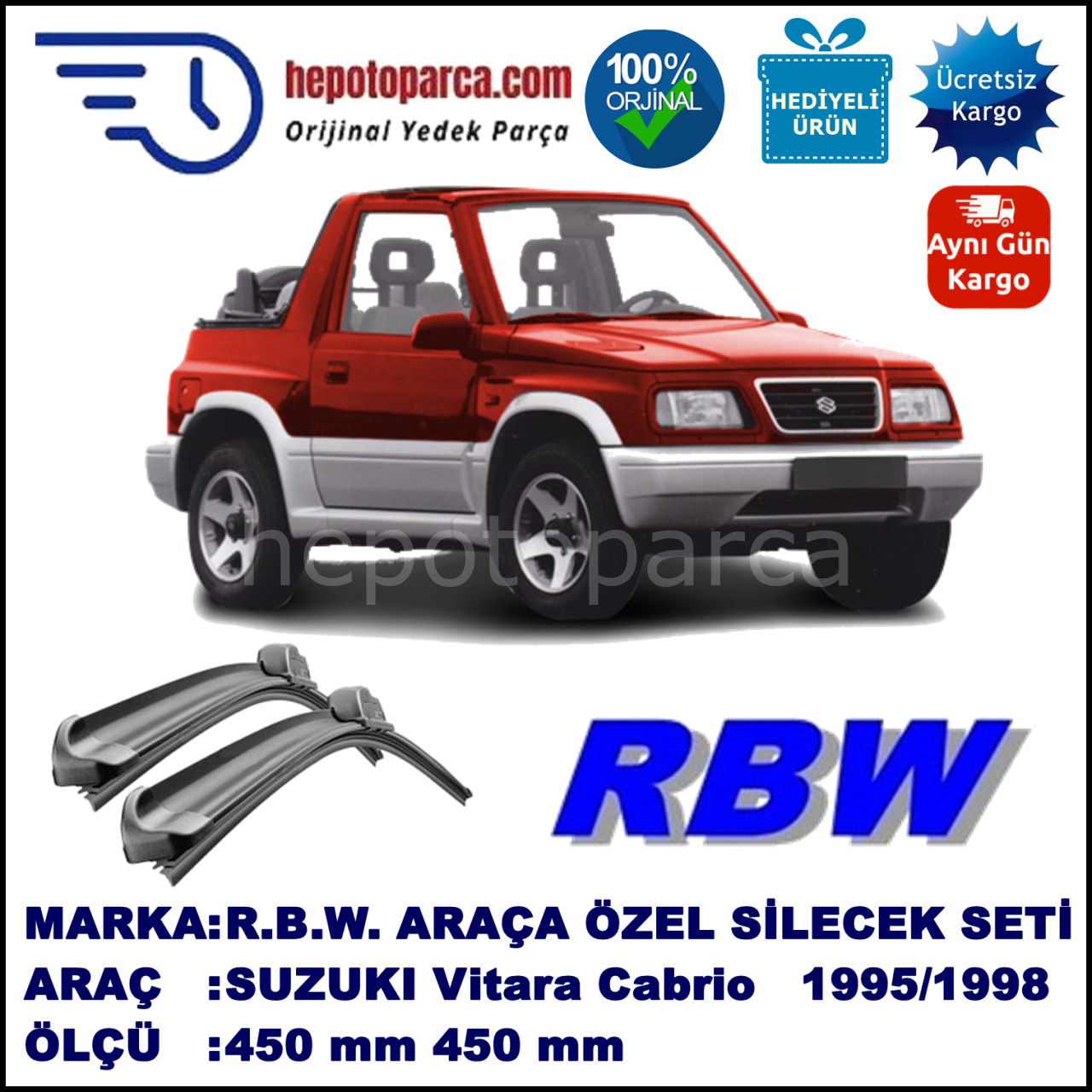 SUZUKI Vitara Cabrio [ET] 01.95-03.98 450 / 450 mm. RBW Muz Silecek Seti  2'li Takım. U Kanca Uyumludur.
