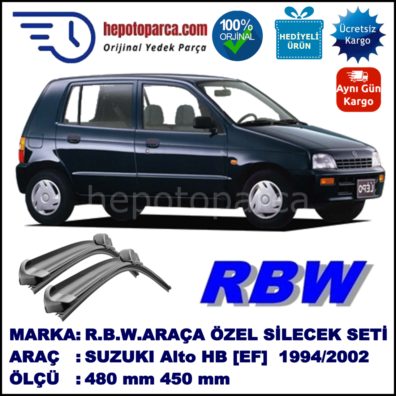 SUZUKI Alto Hatchback [EF] 10.94-02.02 480 / 450 mm. RBW Muz Silecek Seti  2'li Takım. U Kanca Uyumludur.