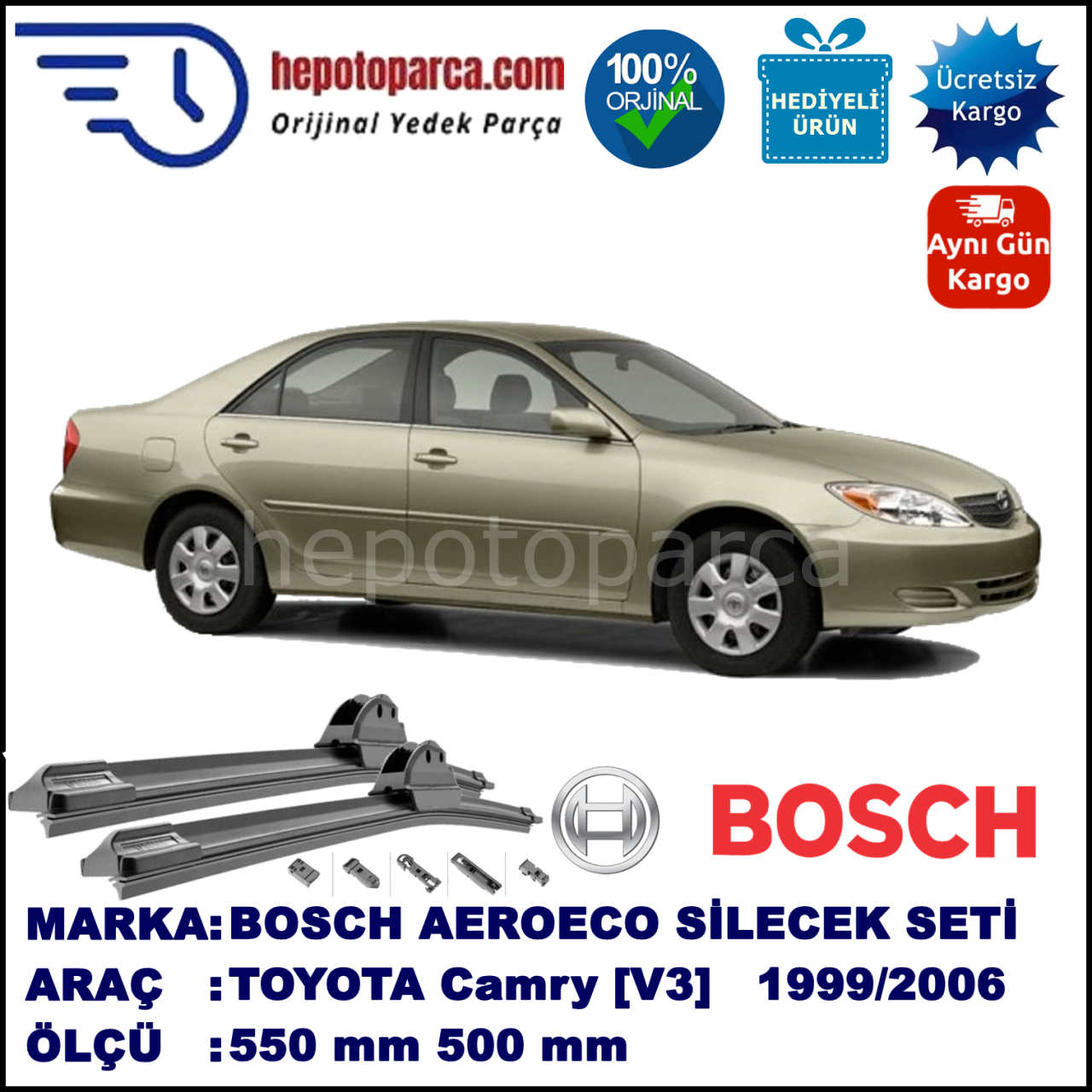 TOYOTA Camry [V3] 08.1999-01.2006, 550 / 500 mm. BOSCH AEROECO Aparatlı Muz Silecek