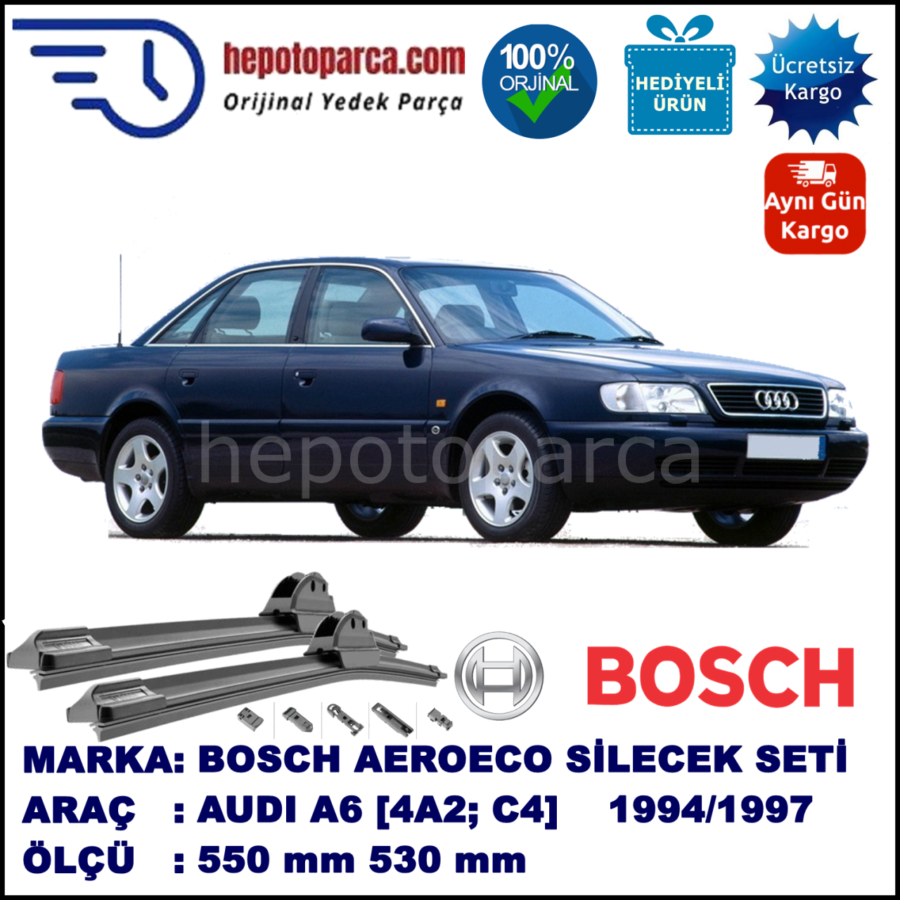 AUDI A6 [4A2; C4] 06.1994-10.1997, 550 / 530 mm. BOSCH AEROECO Aparatlı Muz Silecek