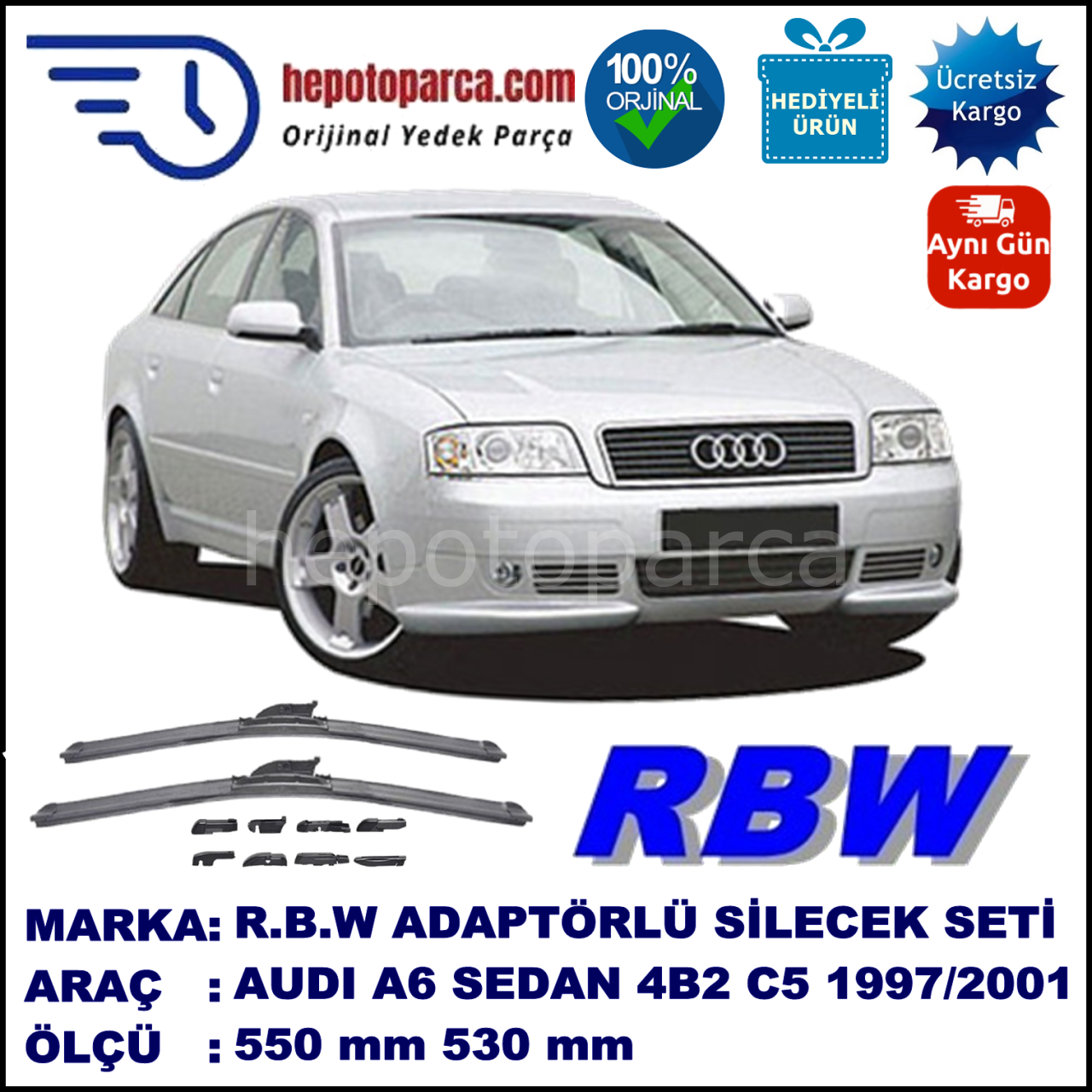 AUDI A6 [4B2; C5] 04.1997-05.2001, 550 / 530 mm.  RBW  ADAPTÖRLÜ MUZ SİLECEK SETİ