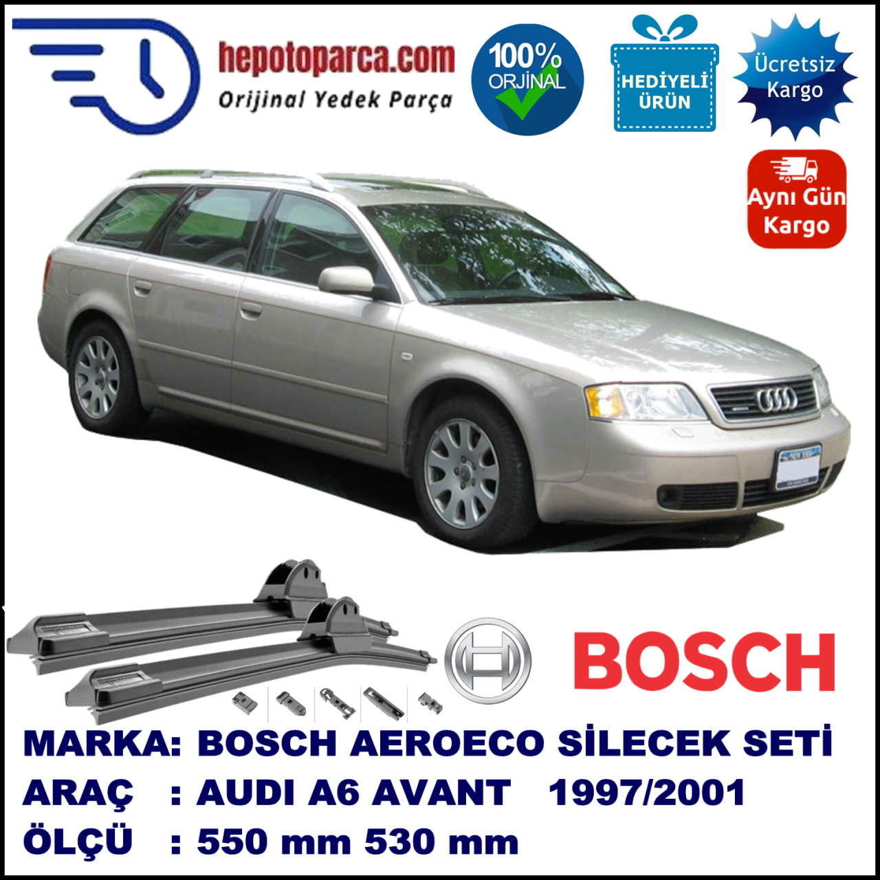 AUDI A6 Avant [4B5; C5] 04.1997-05.2001, 550 / 530 mm. BOSCH AEROECO Aparatlı Muz Silecek